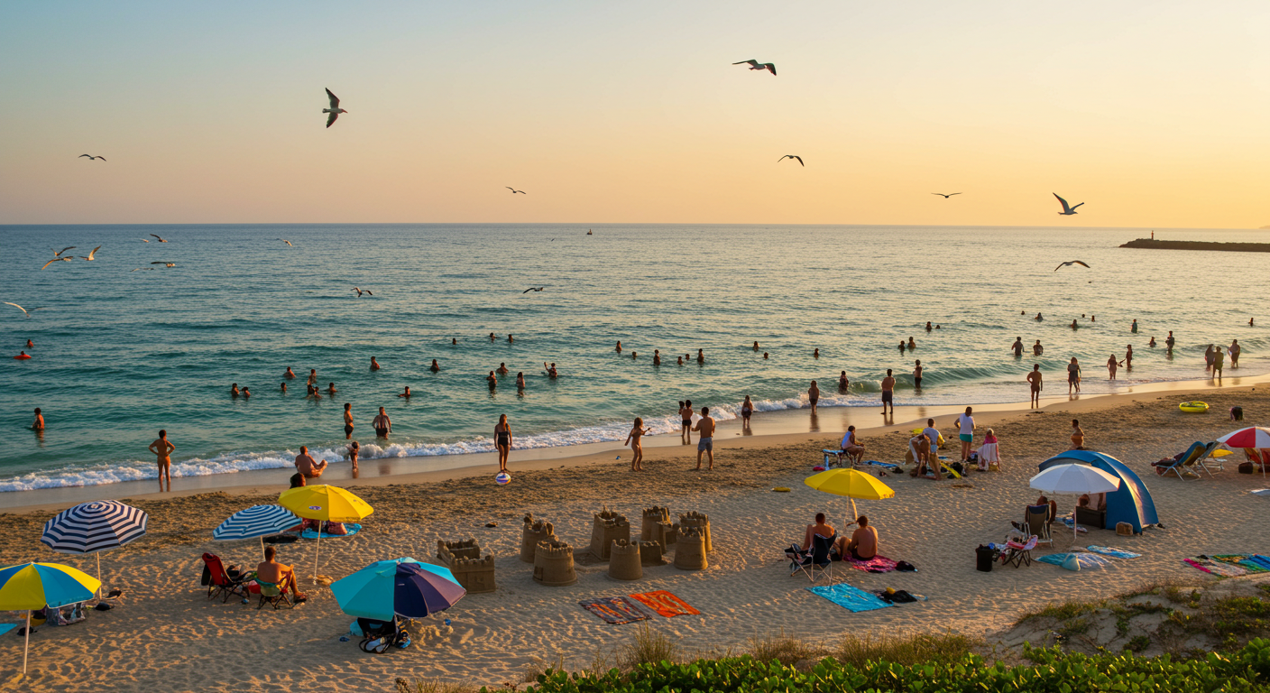 日の出の時間に多くの人で混雑した地平線から上る朝日に照らされた砂浜の画像