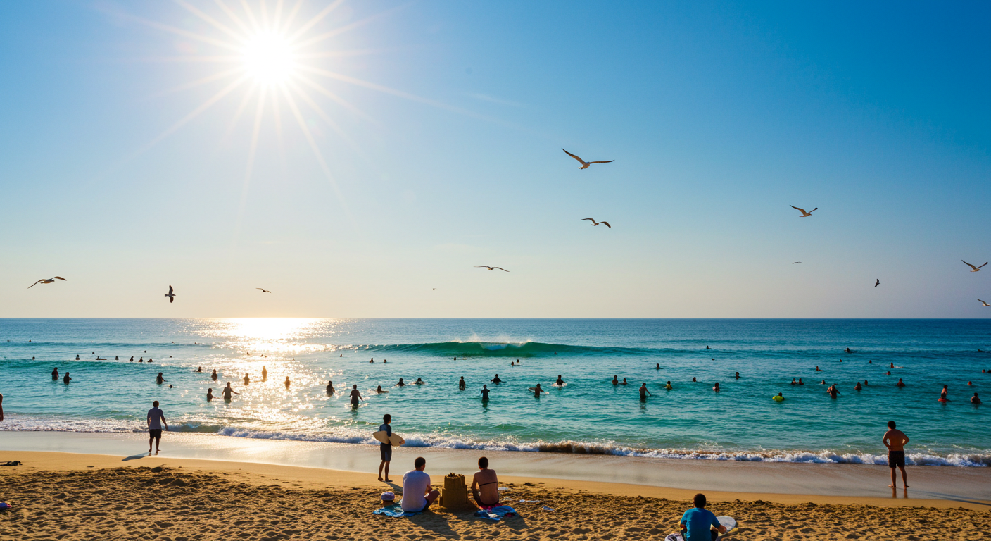 日の出の時間に多くの人で混雑した地平線から上る朝日に照らされた砂浜の画像