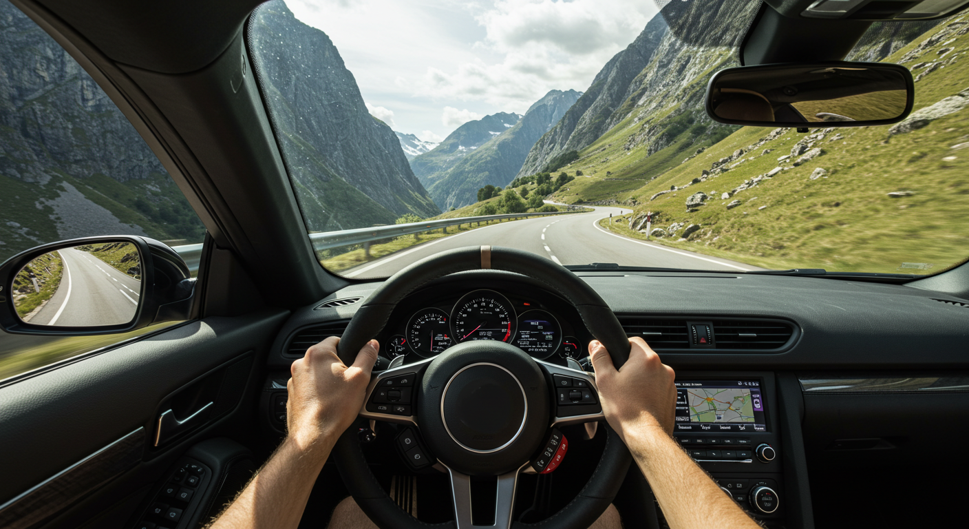 ハンドルを握っている男性の手だけが映ったスポーツカーを運転している主観視点の画像