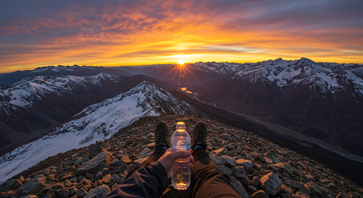 山頂から絶景を眺めている主観視点の成功画像