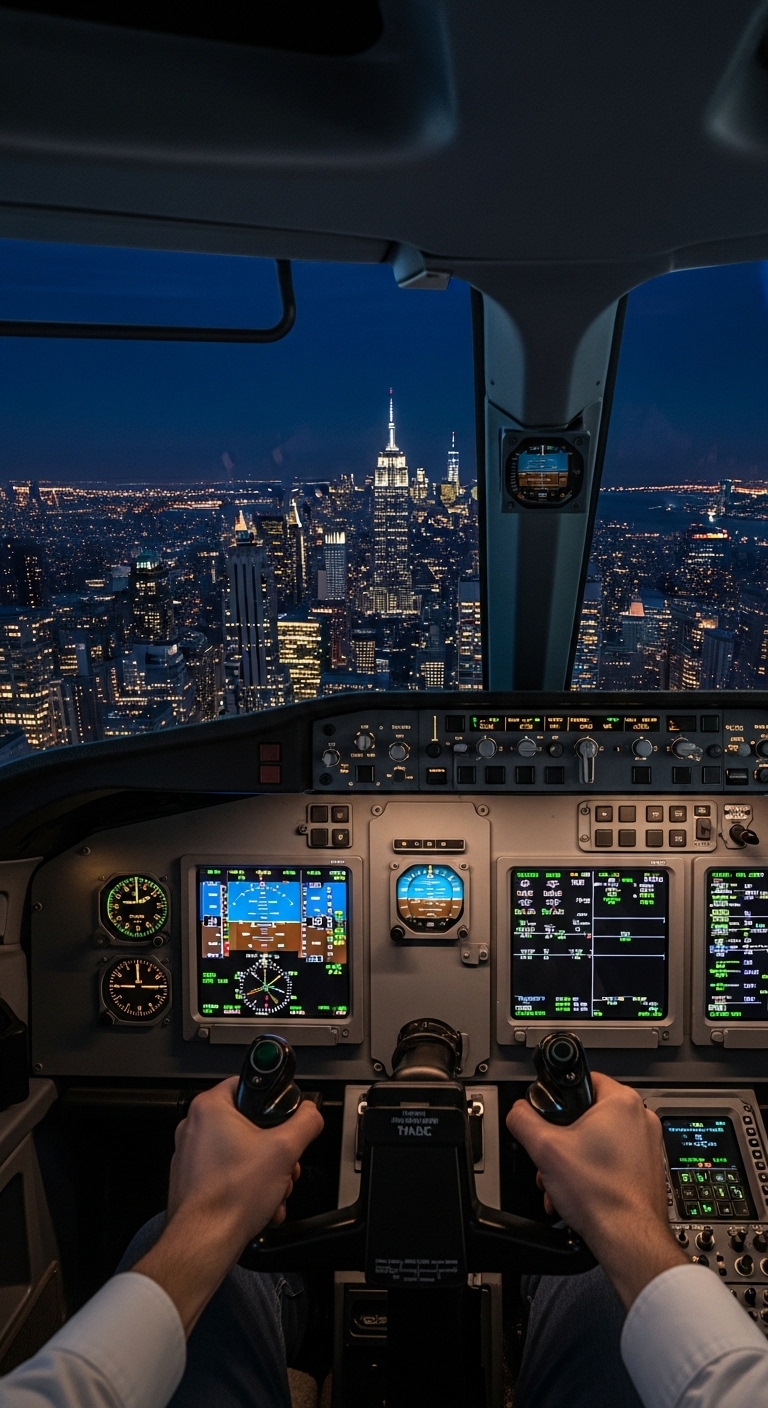 夜の都市を飛行しているパイロットの操縦視点の画像