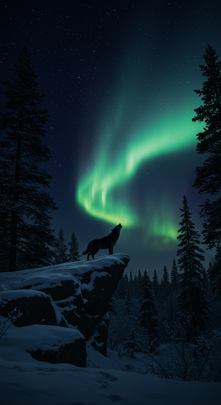 暗い夜、月明かりに照らされてた一匹の狼が遠吠えをしている画像