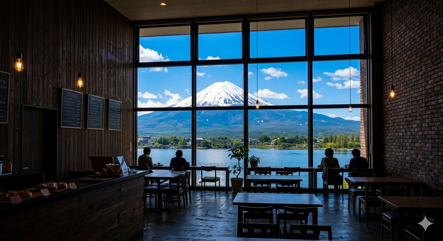 茶色い壁の暗めのカフェテリア、窓から見える湖と大きな山の画像