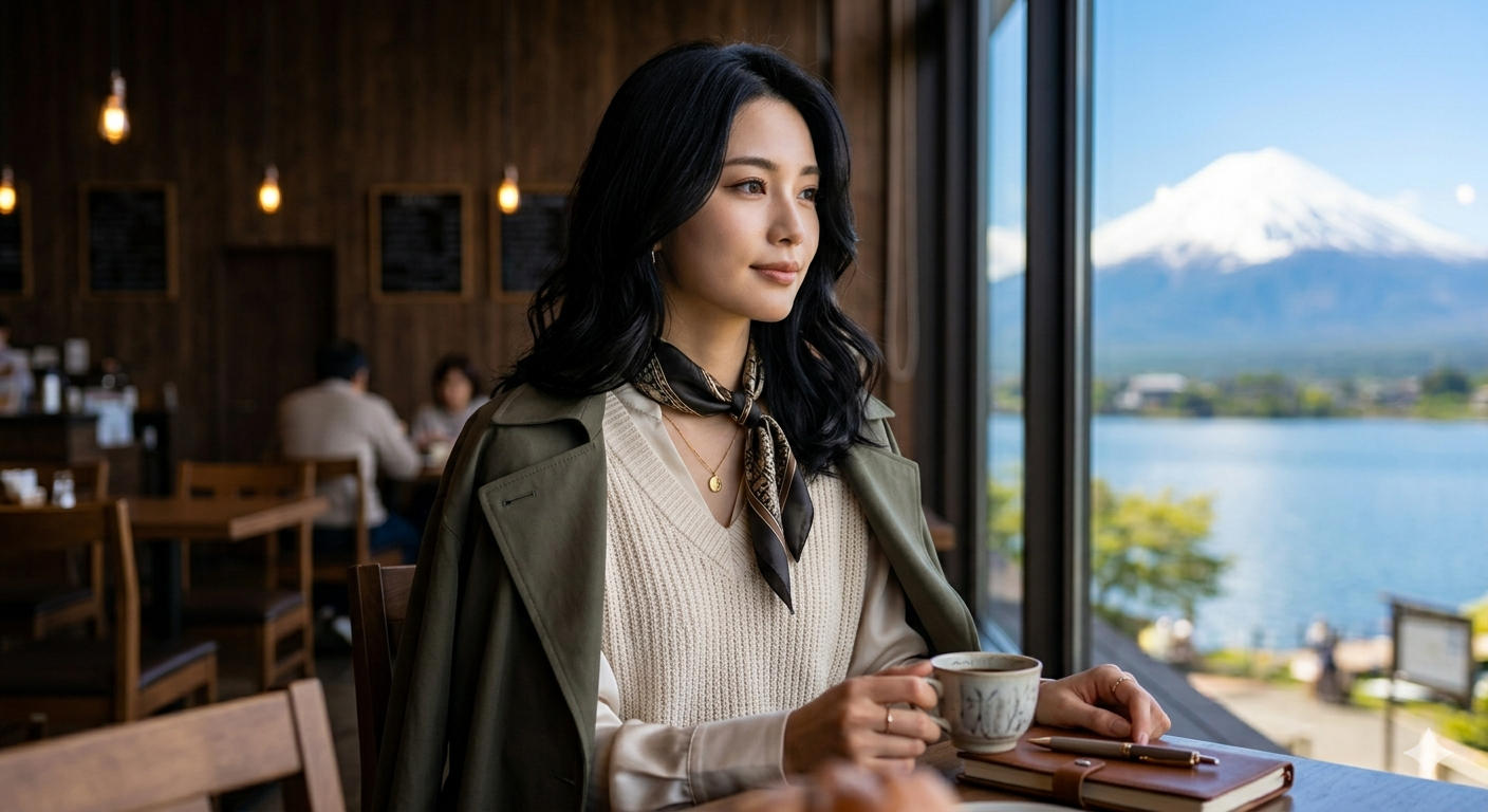 カフェテリアで、コーヒーカップを持っている女性。背景の窓から景色のいい山と湖が見える画像