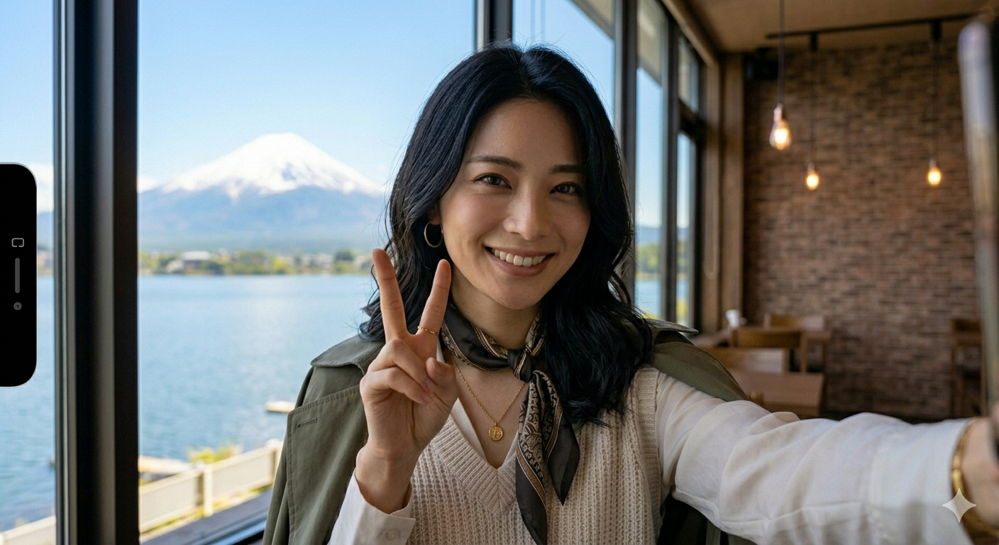 カフェテリアで自撮りをしている女性のスマホ視点の失敗画像