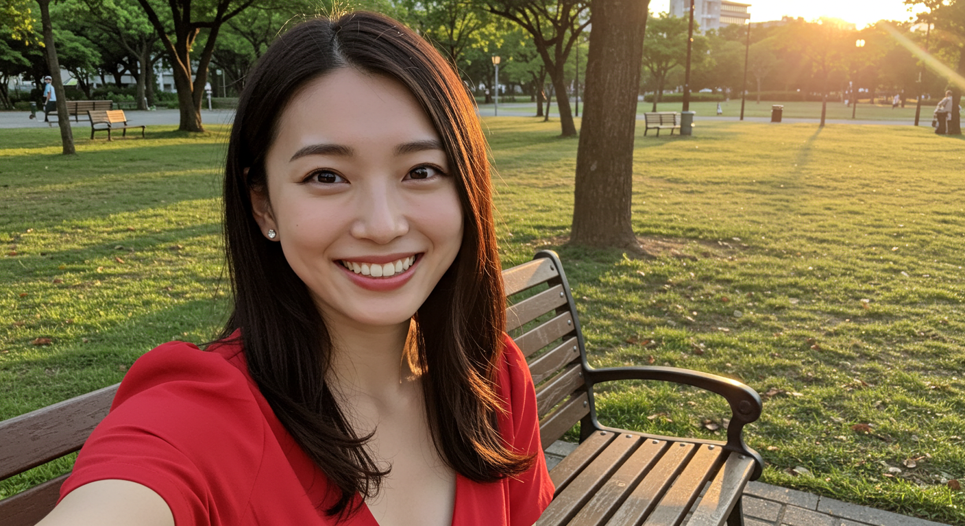 赤いワンピースを着用した笑顔の日本人女性が公園のベンチに座り、自撮りをしている画像