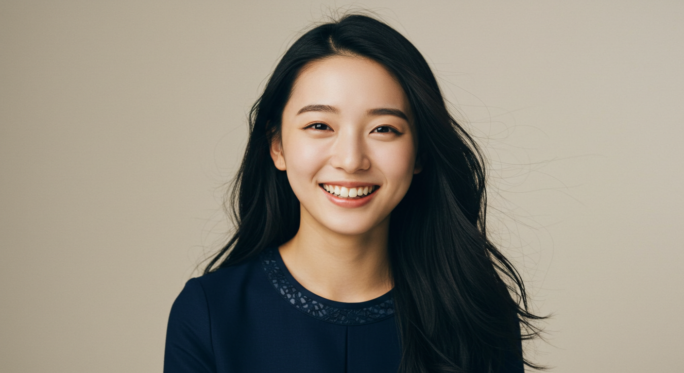 スタジオで長い黒髪の日本人女性が笑っている画像