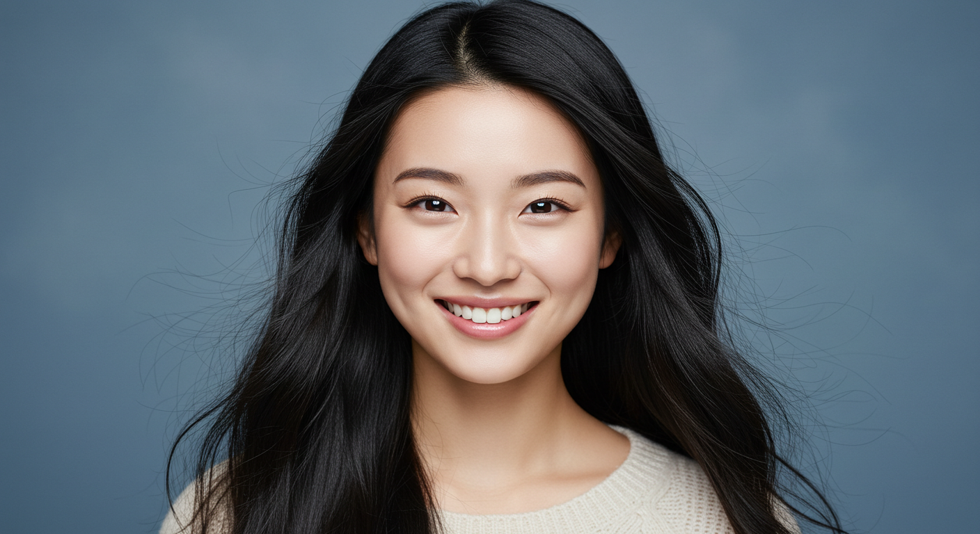 スタジオで艶と輝きのある長い黒髪、肌の詳細が描かれた日本人女性が笑っている画像