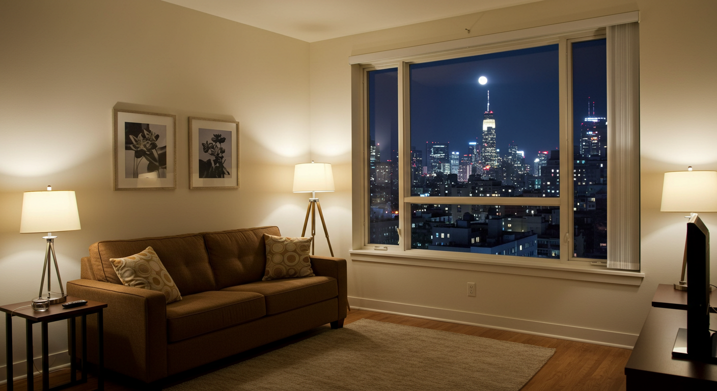 窓のそばに茶色いソファ、窓からみえる街の景色と優しい月明かり差し込んだ夜の写実的なリビングルームの画像